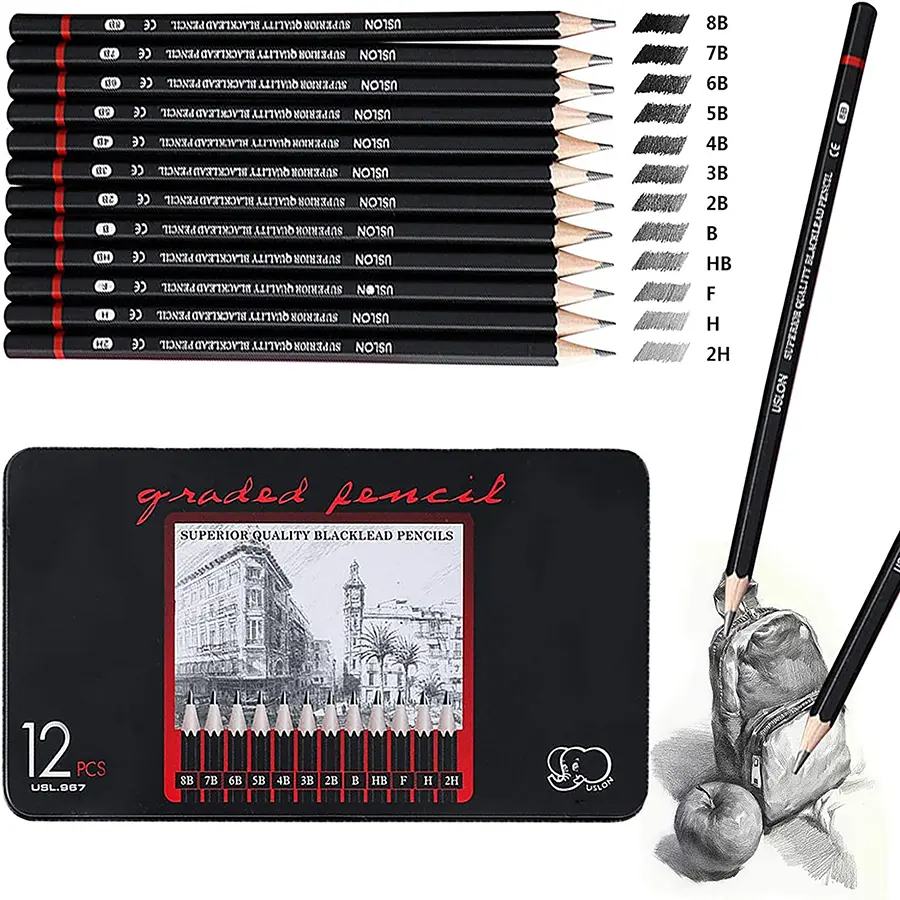 Mutual Trade Set of 12 Ulson Graded Black Lead Pencils from 8B to 2H, Sketching & Draw MQ-008 اقلام رصاص درجات